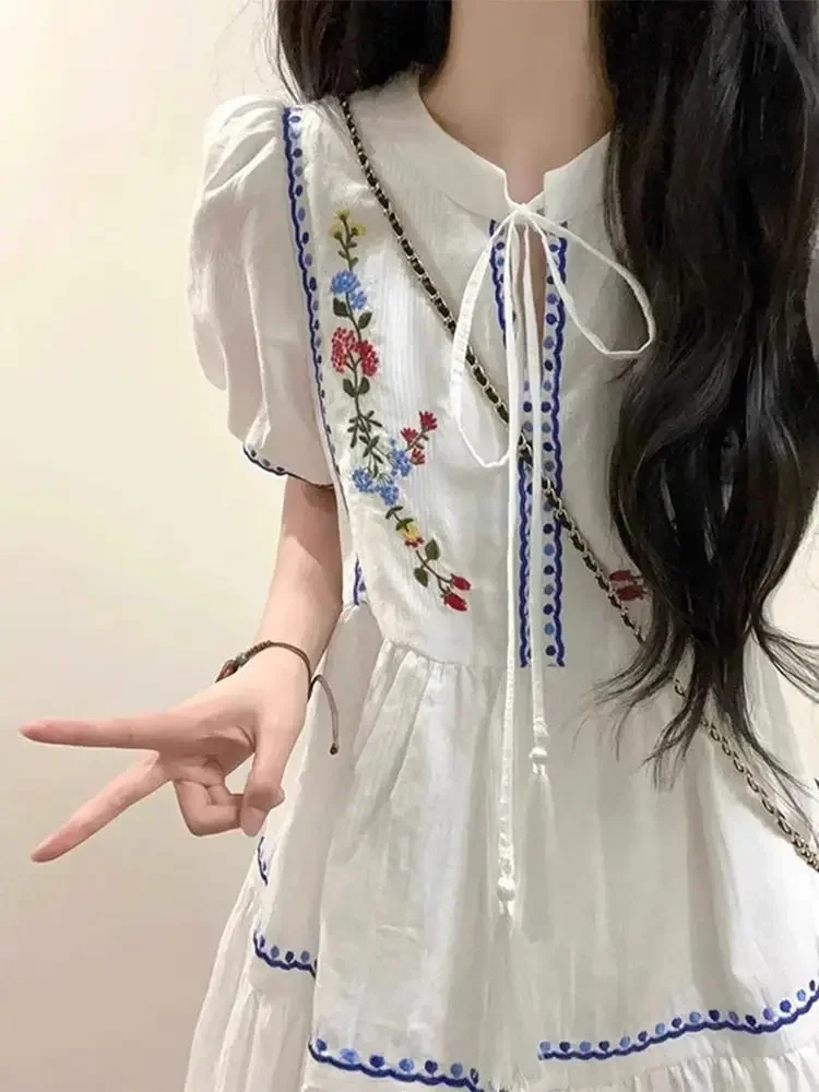 Gaganight Women White Embroidered Puff Short Sleeved Dress Women 2024 Summer Ethnic Vacation Elegance Princess Short Dresses