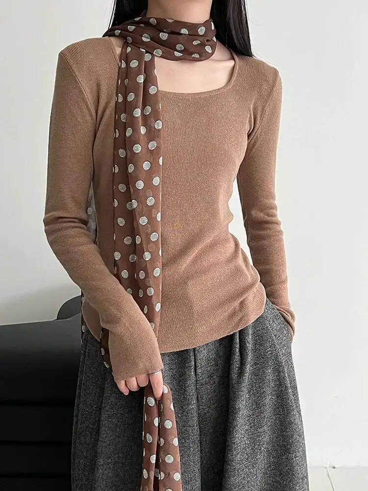 

Beige Sim Elegant Knitting Sweater Square Collar Long Sleeve Women Pullovers New Fashion Tide Spring Autumn