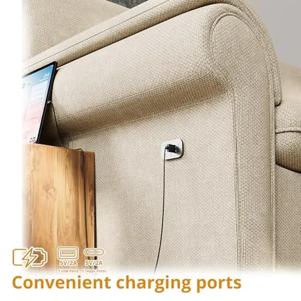 Sofá moderno bege de 89 polegadas, porta USB, sofá de 3 lugares, móveis para sala de estar