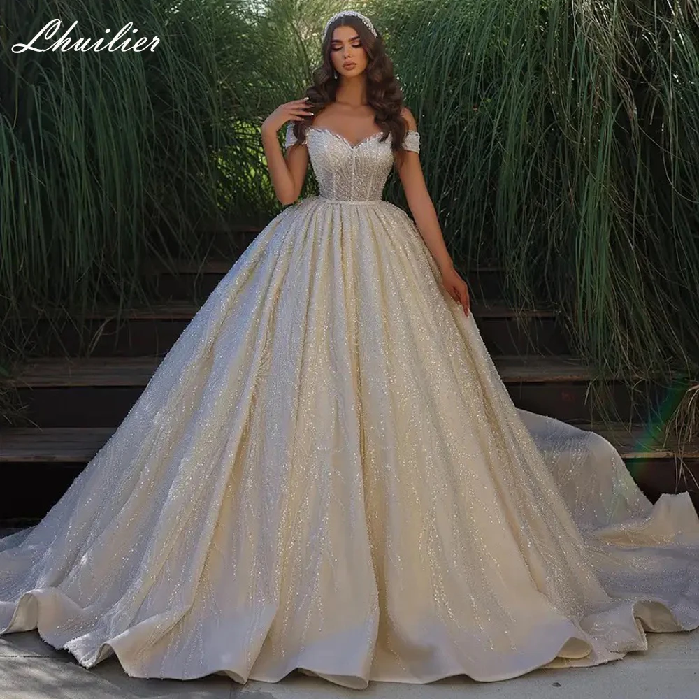 Lhuilier Women's A Line Boat Neck Shiny Lace Wedding Dresses 2023 Off Shoulder Princess Satin Bridal Gown with Chapel Train