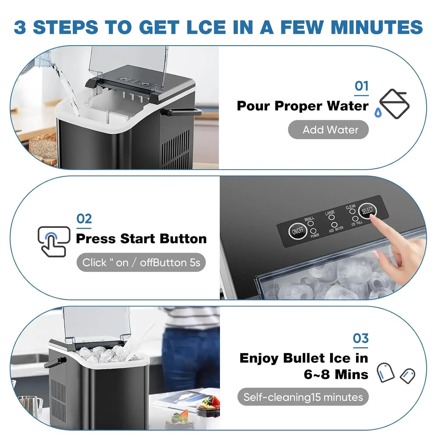 Self-Cleaning Countertop Ice Maker com colher de gelo conveniente, cesta removível e alça resistente, faz 9 cubos de gelo em apenas 6 m