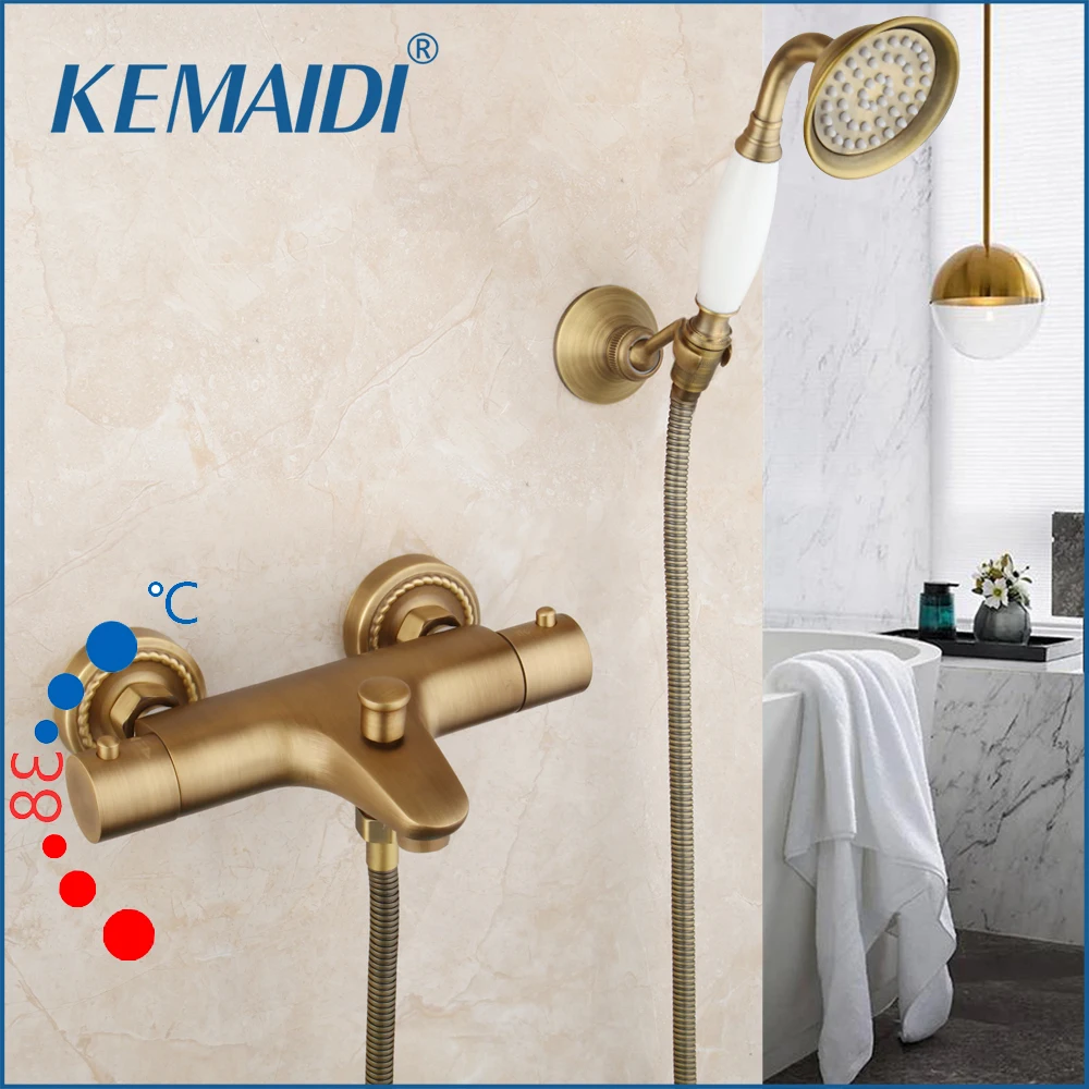 KEMAIDI  Antique Brass Bathroom Basin Sink Faucet Handheld Shower Set Wall Mounted  Thermostatic Mixer Shower Faucet Set