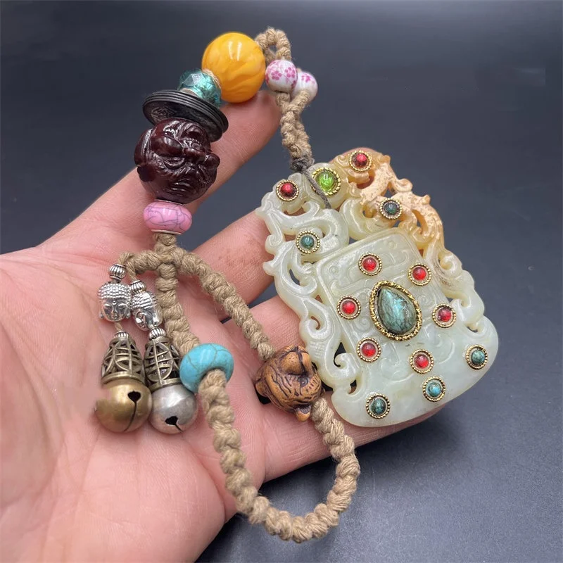Tibetan Style Xiuyan Jade Bi Disc Hollow Carved Double Dragon Gemstone Inlaid Ornament Vintage Handheld Piece Antique Collect