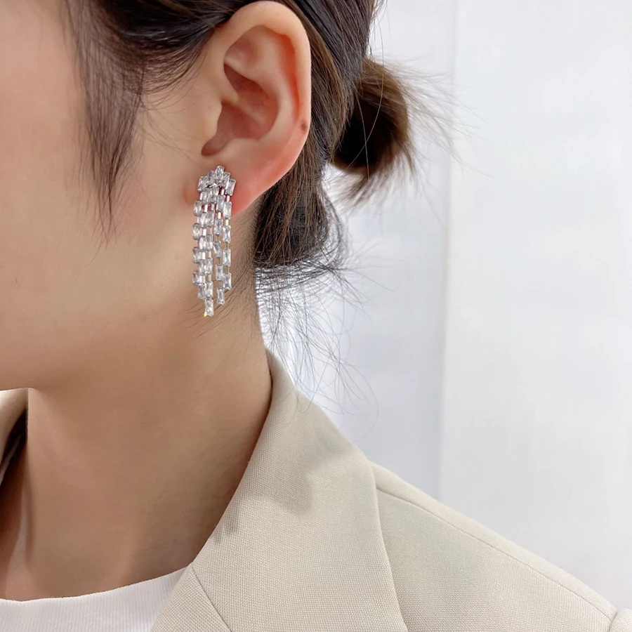 Luxury Sparking Rectangular Crystal Zircon Long Tassel Clip on Earrings for Women Bridal Wedding Without Piercing Jewelry