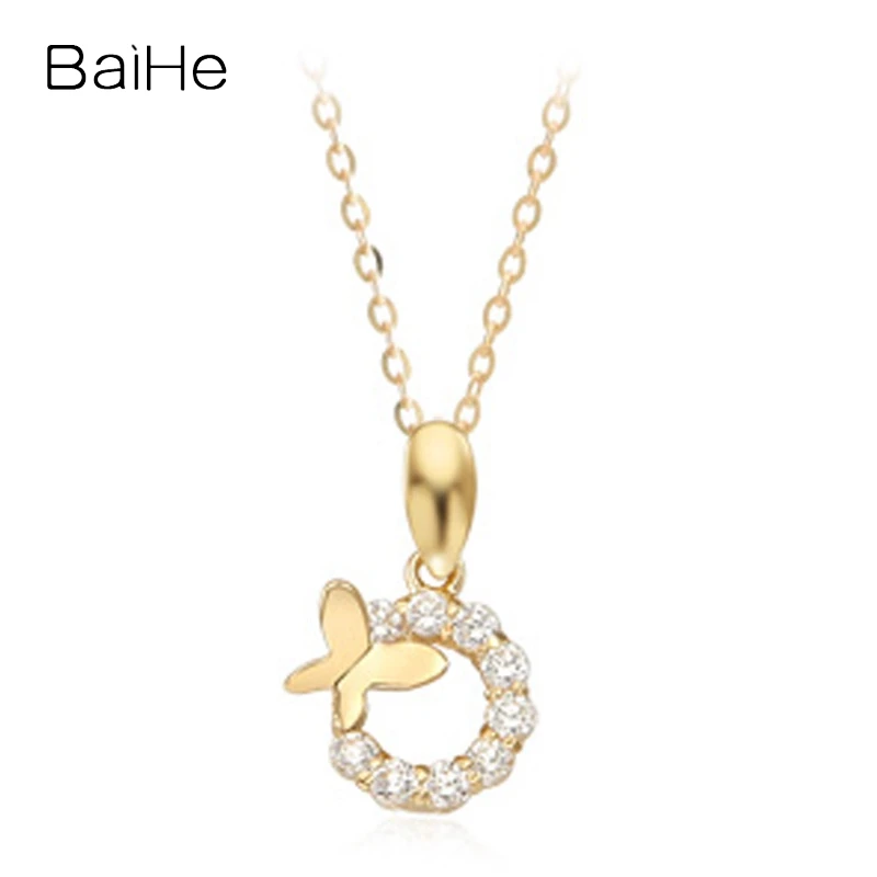 

BAIHE Solid 14K Yellow Gold H/SI Natural Diamond Butterfly Pendant Necklace Women Trendy Fine Jewelry Making Collar mariposa