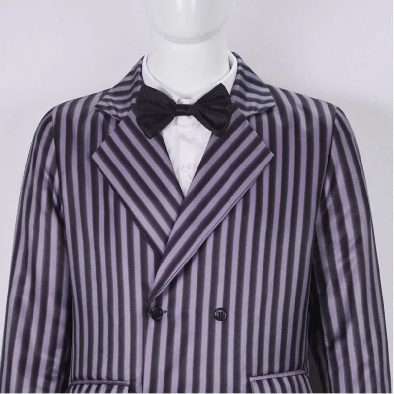 2025 New Movie Wednesday Addams Family Gomez Cosplay Costume Wig Men Classic Stripe Suit Tie Uniform Coat Shirt Pants Hallow ☆ ☆