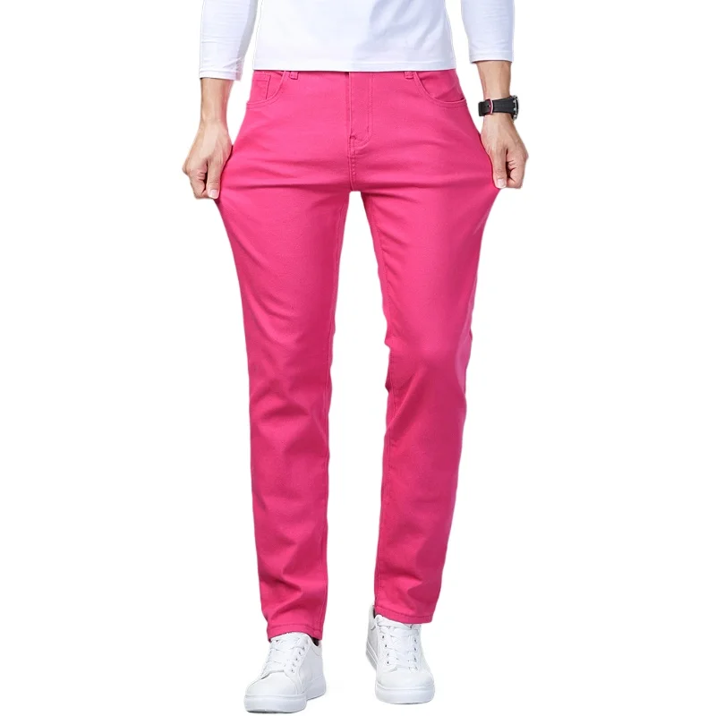 Men Elastic Straight Jeans Spring Colorful Soft Denim Pants Korean Trend Slim Casual Streetwear Comfort All Match Daily Trousers
