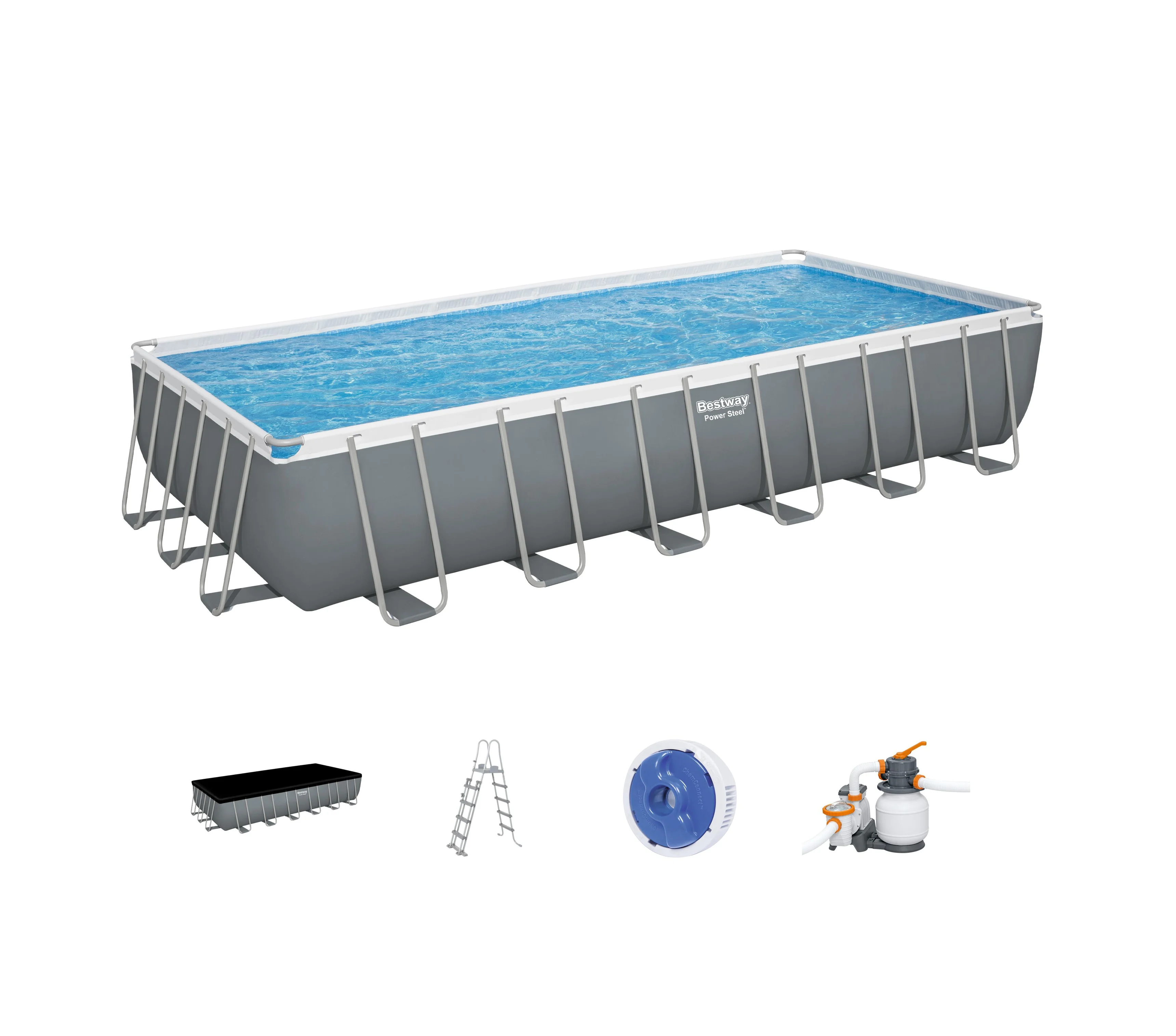Bestw 56475 7,32 m X 3,66 m X 1,32 m Soporte metálico de acero eléctrico PVC Juego de piscinas rectangulares para exteriores sobre el suelo