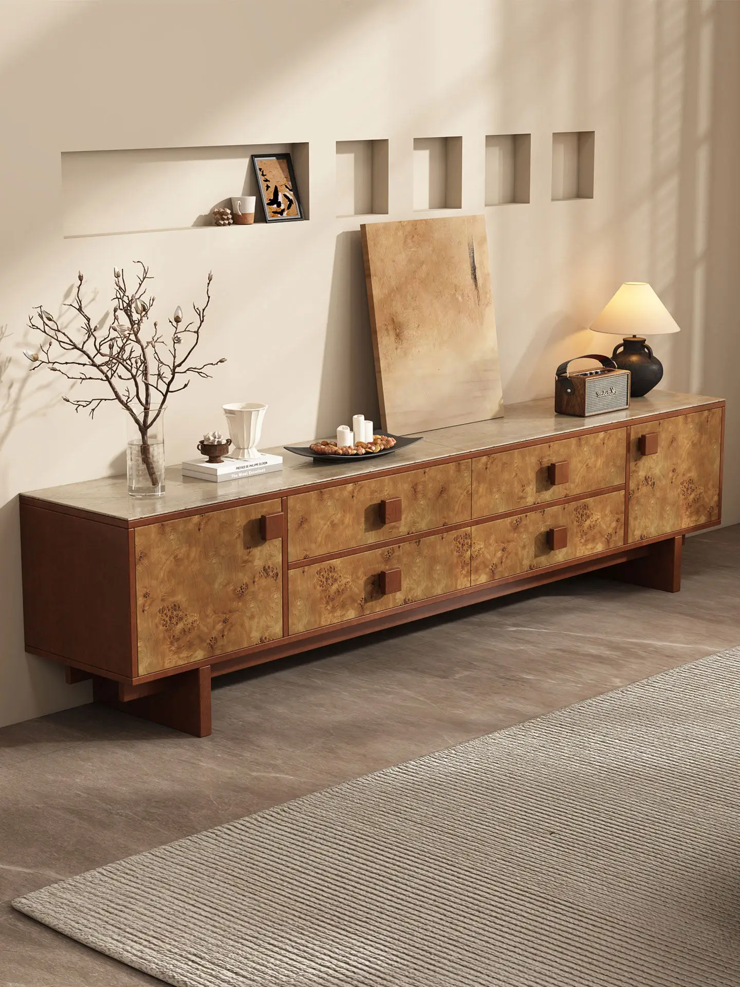 

PYJ wabi-sandy wind solid wood TV cabinet living room cloud vortex tree tumor storage locker