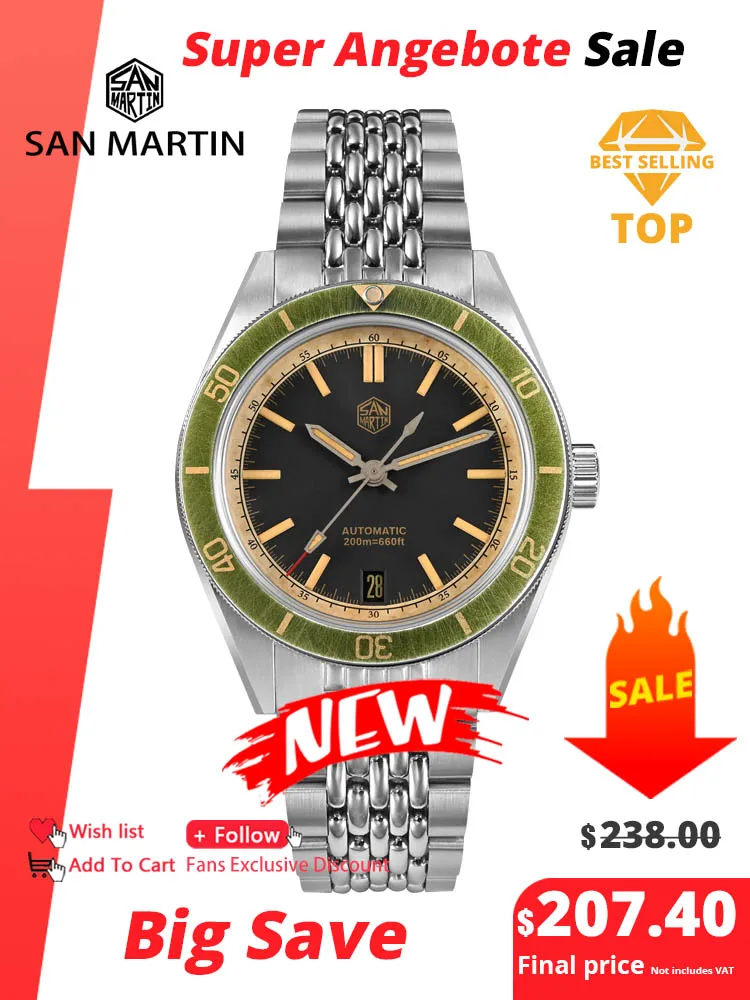 

San Martin 39.5mm Men Dive Watch Vintage Distressed Effect NH35 Automatic Mechanical Watch Waterproof 200m C3 Lume SN0116 Reloj