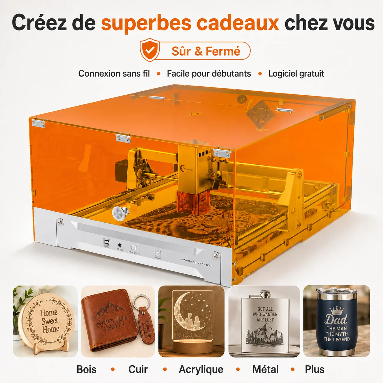 Carverall K15PRO Graveur et Découpe Laser Fermé 7W 12W, Machine de Gravure Laser Classe 1, Précision 0,01 mm, Zone A4, DIY, Petite Entreprise, Cadeaux Personnalisés, Bois, Acrylique, Cuir, Métal