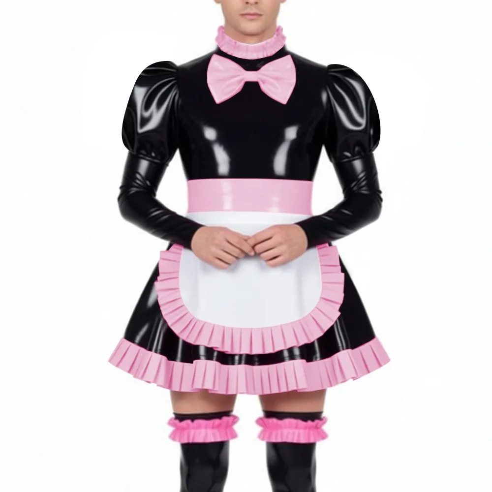 

Мужское платье Sissy Maid, наряды с высоким воротником и оборками, кожаное мини-плиссированное платье из ПВХ с замком, униформа горничной для трансвеститов