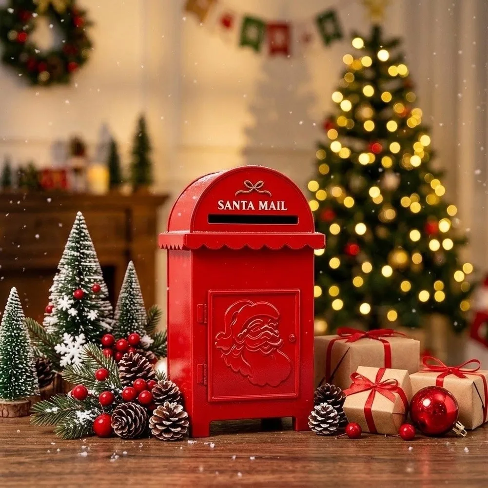 Santa Themed Letter Box for Holiday Season Use - Red Metal For Christmas Mailbox 13.5x8.5x25cm Indoor Outdoor Ready