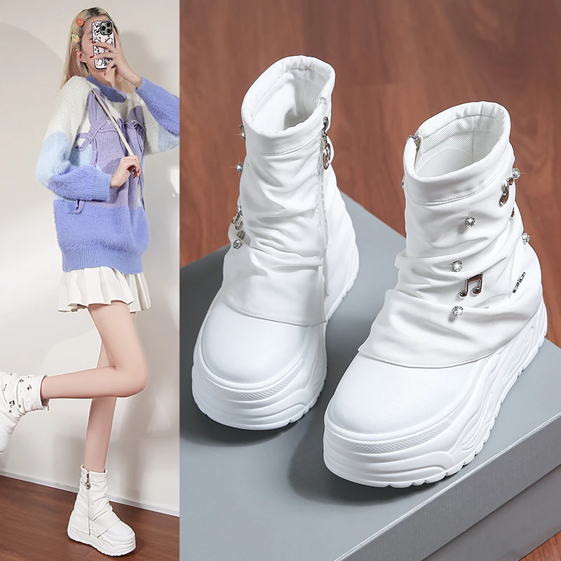 Womens 8cm Hidden Heel Knee-High Boots Ultra High Thick Sole White Sneakers Side Zipper High Top Platform Shoes Zapatos De Mujer