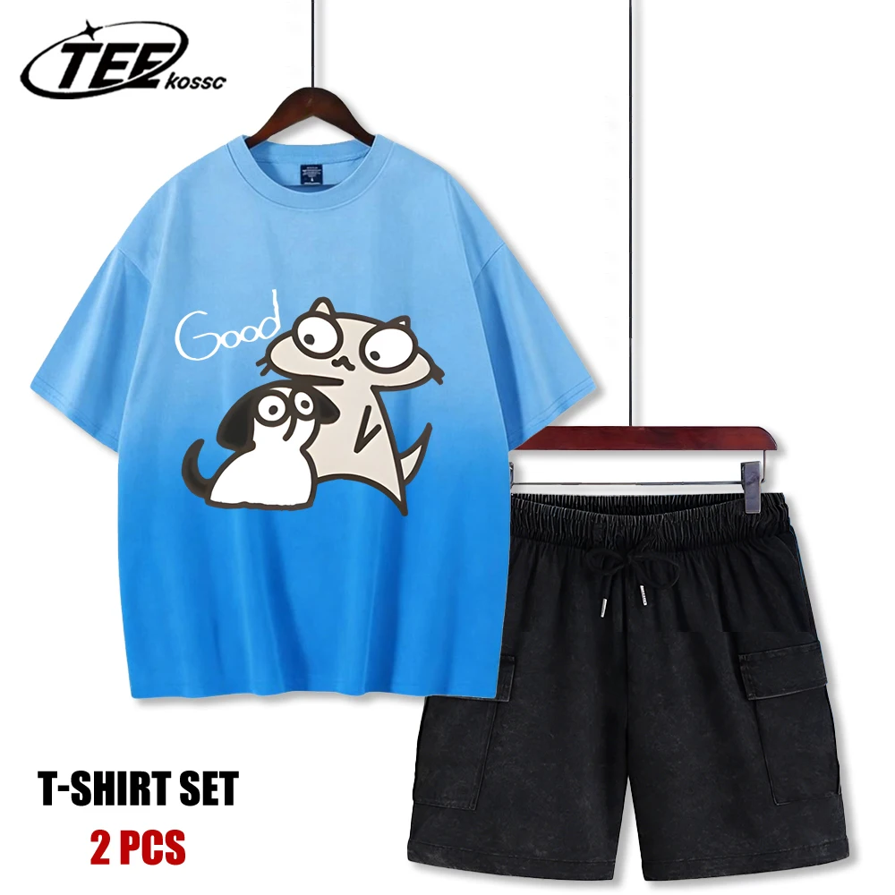 

Мужской летний комплект: футболка с принтом в стиле тай-дай и шорты с карманами, из мягкого хлопка, с круглым вырезом, модный дизайн с мультяшными собаками и кошками
