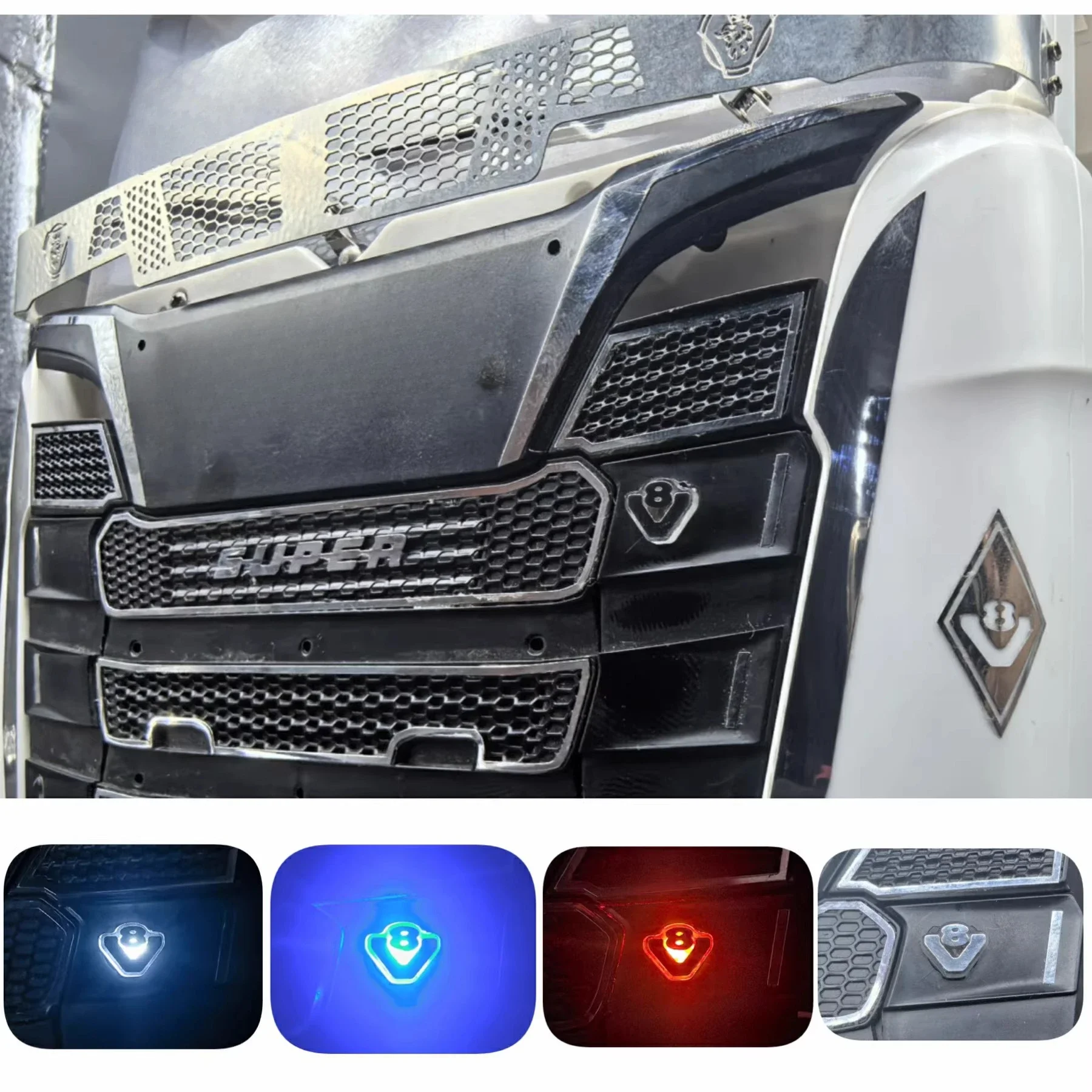 

LED Luminous V8 Light Air Intake Cover Logo Lamp for 1/14 Tamiya RC Truck Scania 770S R620 R470 R730 56368 56379 56371 Car Part