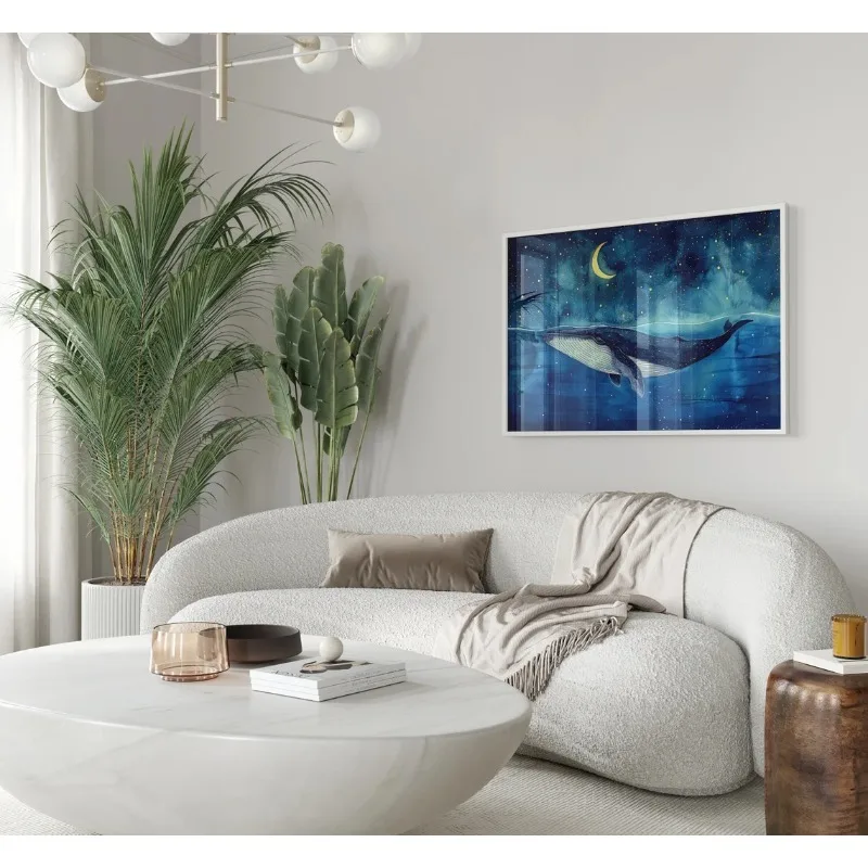 Celestial Moom Night Humpback Whale Watercolour Poster Whale and Boat Canvas Painting Wall Art for Living Room Home Decoration