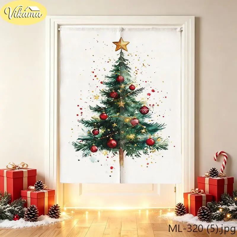 VIKAMA Merry Christmas Door Curtain Gold Dot Tree Sleigh HD Print, Easy Hang Festive Door Cover, Winter Holiday Decor