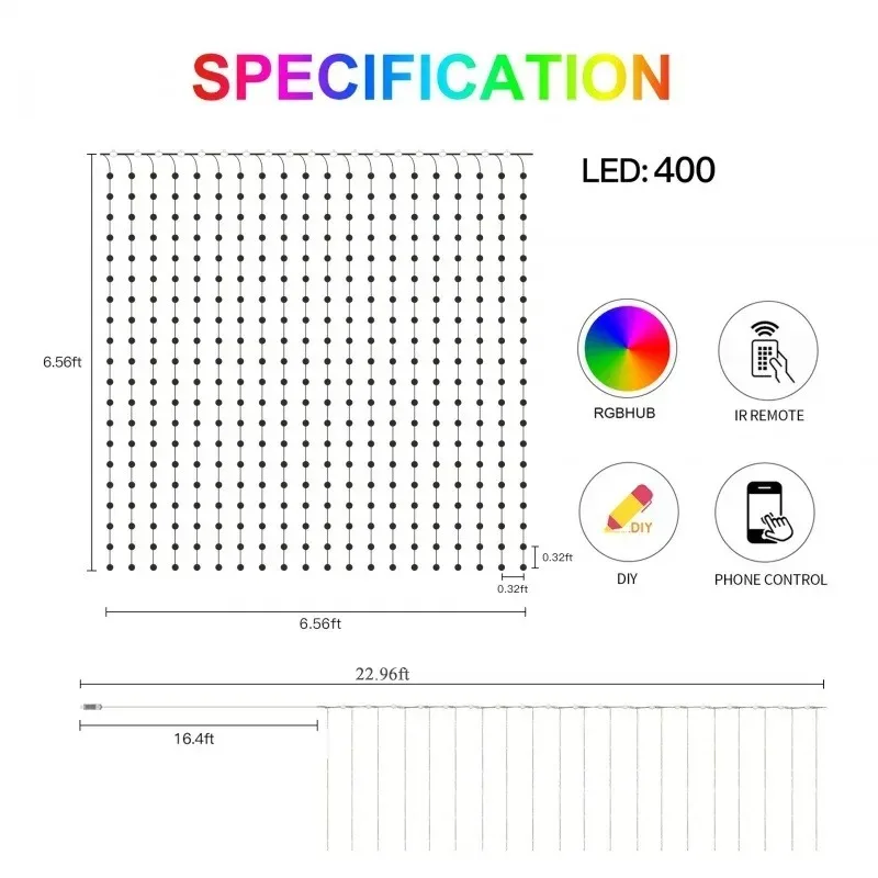 أضواء ستارة LED ذكية للتحكم في التطبيق 16 لونًا متغيرًا لتزيين حائط الخلفية وحفلات الزفاف والمهرجانات