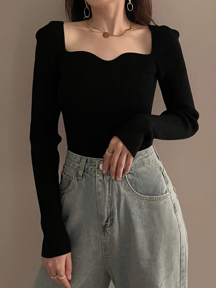 

Женский вязаный свитер Bla с V-образным вырезом, модный дизайн, маленький квадратный воротник, для ношения под одеждой, повседневный, облегающий, с длинными рукавами