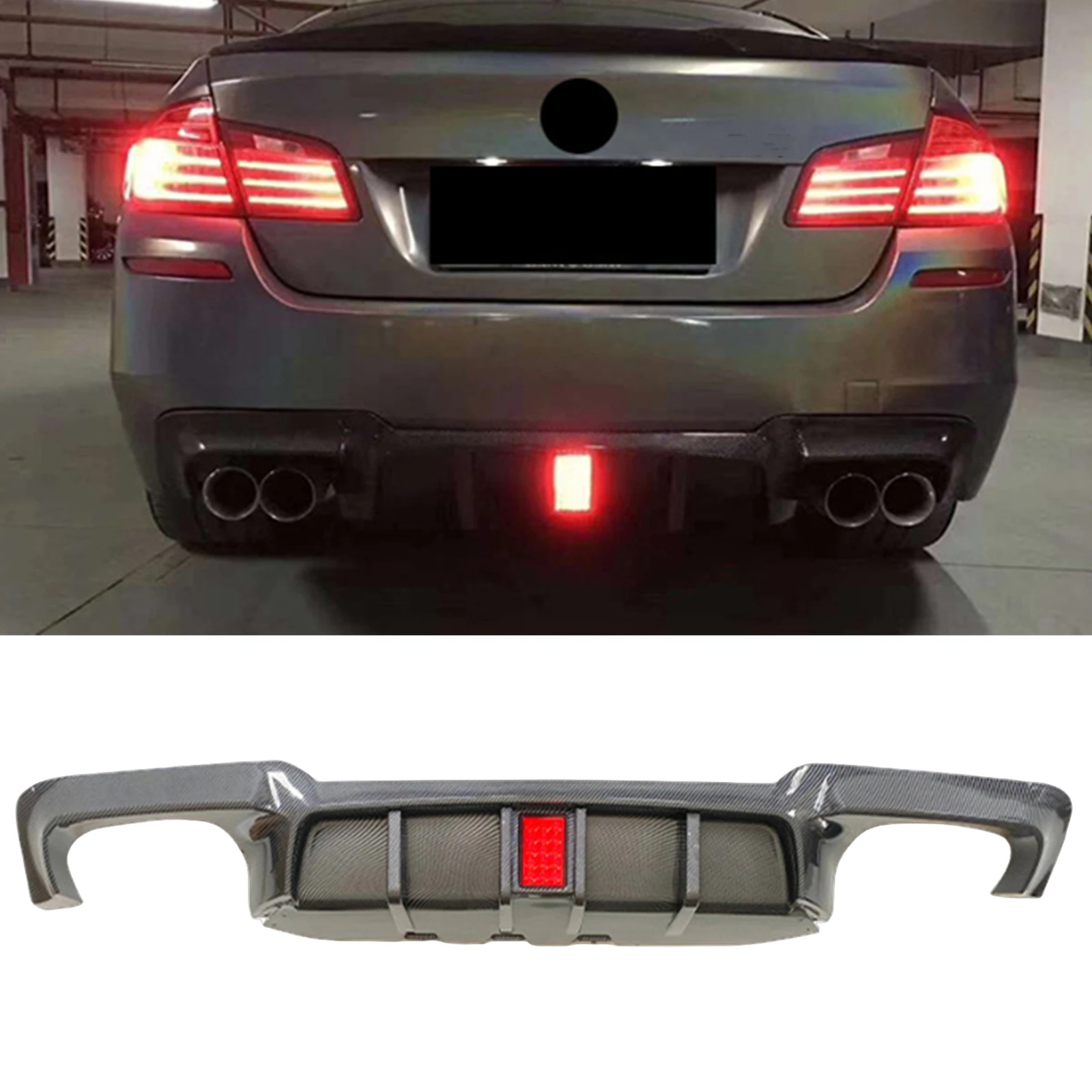 

Rear Bumper Diffuser Lip With LED Lamp For BMW 5 Series F10 F11 F18 M Sport 2010-2016 Carbon Fiber Look/Gloss Black Boot Spoiler