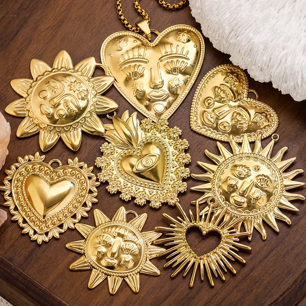 5PCS Stainless Steel Big Face Sun/Moon/Heart Charms Gold Plated Pendant Base for Jewelry Connector DIY Necklace Jewelry Making