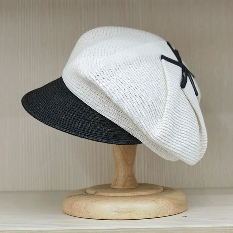 New Bow Summer Hat Beach Sun Cap Two Tones Patchwork Straw Cap Wide Brim Visor Newsboy Hat Vacation Beach Hat Foldable Lady Girl