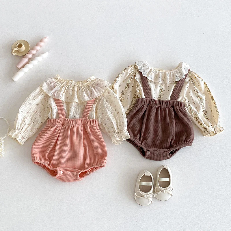 2025 New Autumn Newborn Baby Girls Clothing Set Long Sleeved Cotton Printed T-shirt+Sleeveless Jumpsuit Children Clothes Suit