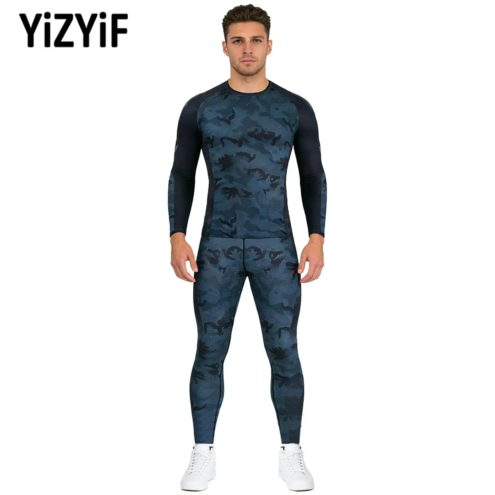 

Adult Men 2-piece Camouflage Printed Sports Set Tracksuit Quickly Dry Long Sleeve Athletic Top+Leggings Set for Gym Yoga Workout