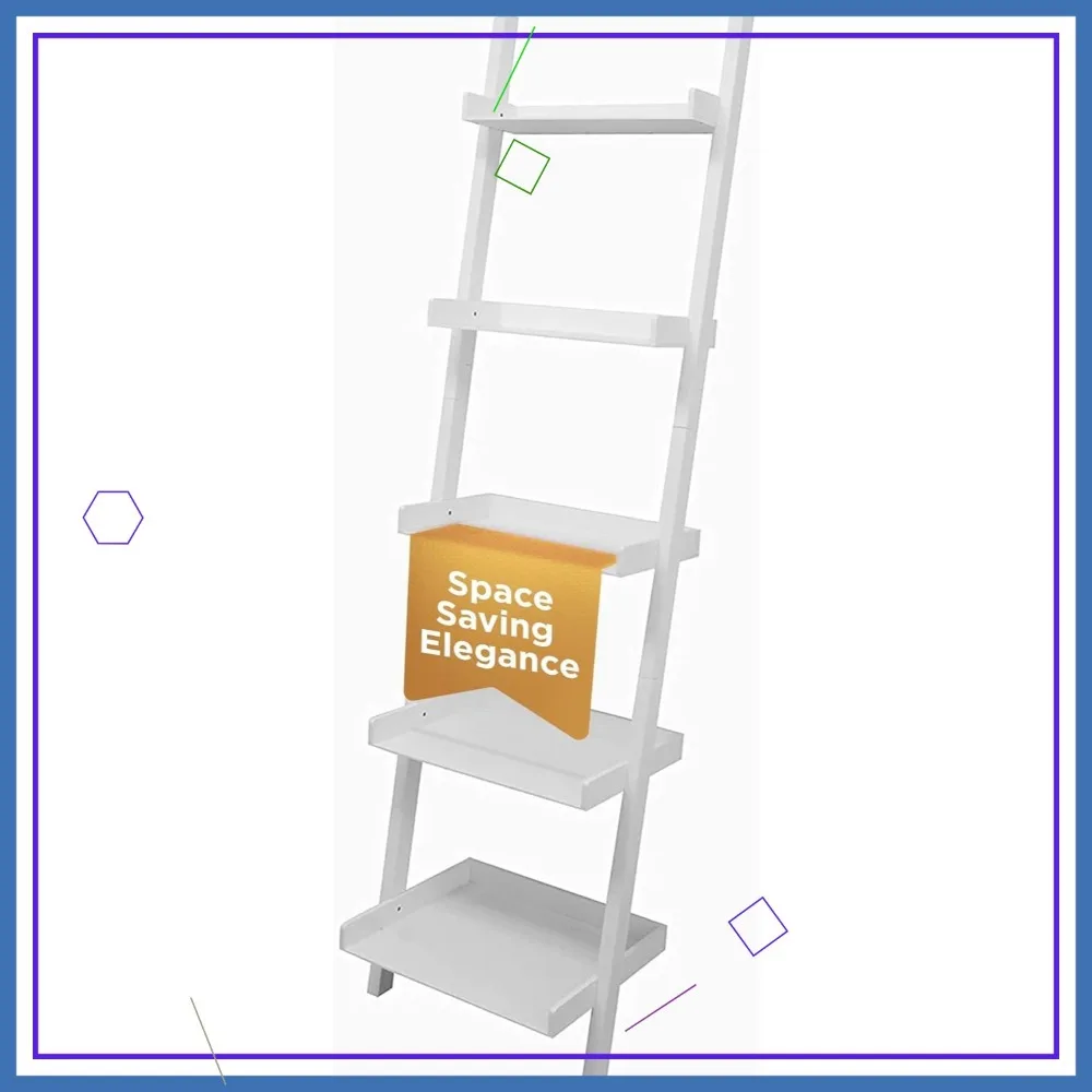 5-Tier Leaning Ladder Shelf, 67" Tall Storage Rack for Home Office, White - Easy Assembly