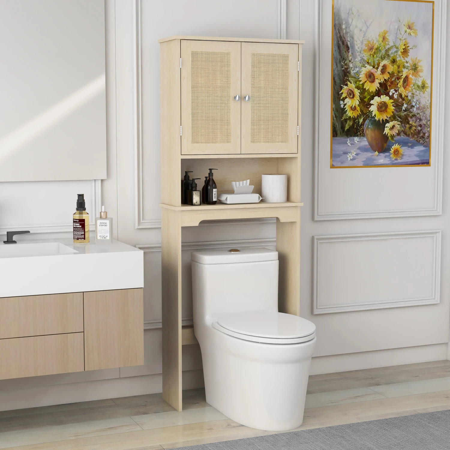 

Over The Toilet Storage Cabinet, Bathroom Shelves Over Toilet with 2 Rattan Doors&Adjustable Shelves&Open Storage Shelf-Natural