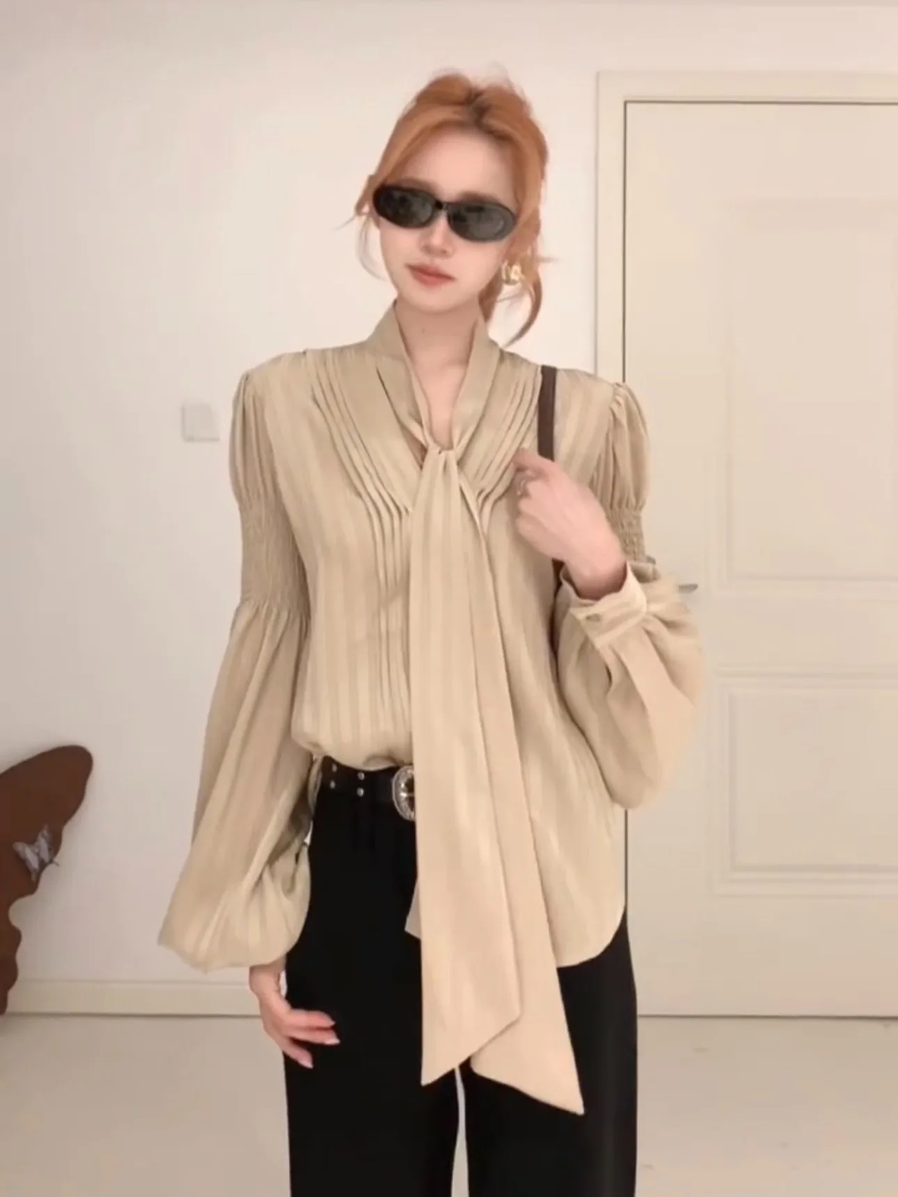 

Ele Long Sve irt Women's Early Spring New Sle High-End Feel Pred Pleat Loose irt Commute Top with Sa