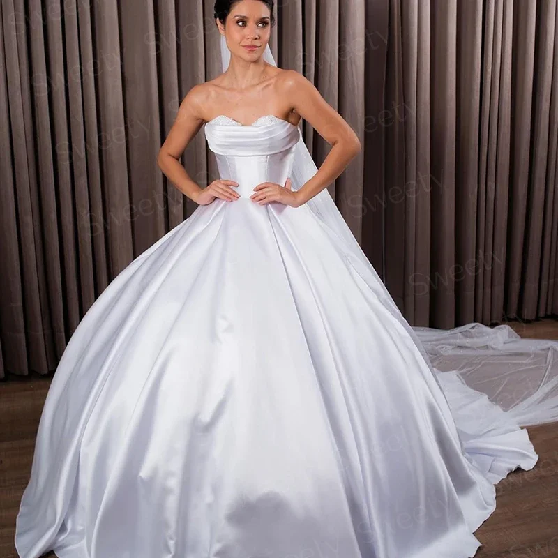 Elegante robe mariée cetim vestido de casamento cetim macio com pérolas vestido de baile sem alças vestidos de baile rendas até robe de marie