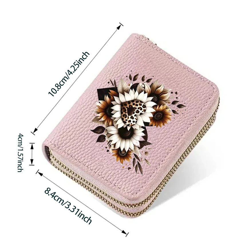 Sunflower Leopard Heart-Shaped Girls Womens Double Zipper Wallet Lychee Short Credit Card Holder with Large Capacity Coin Purse
