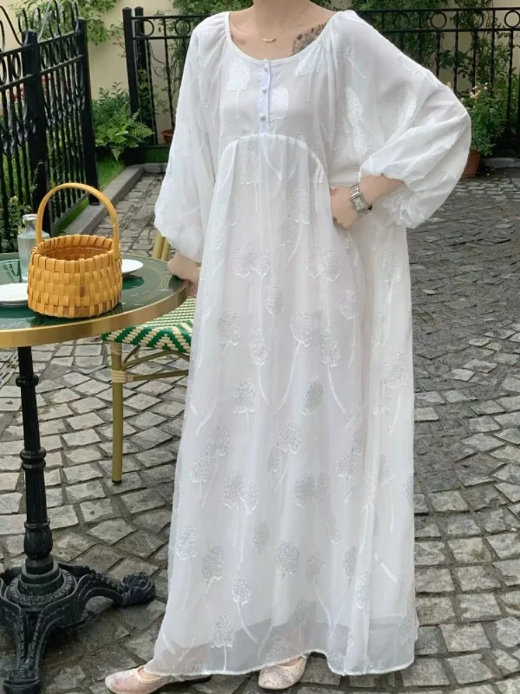 Sukienki maxi damskie Lemongor z żakardową tkaniną w kwiaty, na ramiączkach, z dekoltem w serek, bufiastymi rękawami, luźne, eleganckie, codzienne sukienki na imprezę, wakacje, długa sukienka, nowość 2025