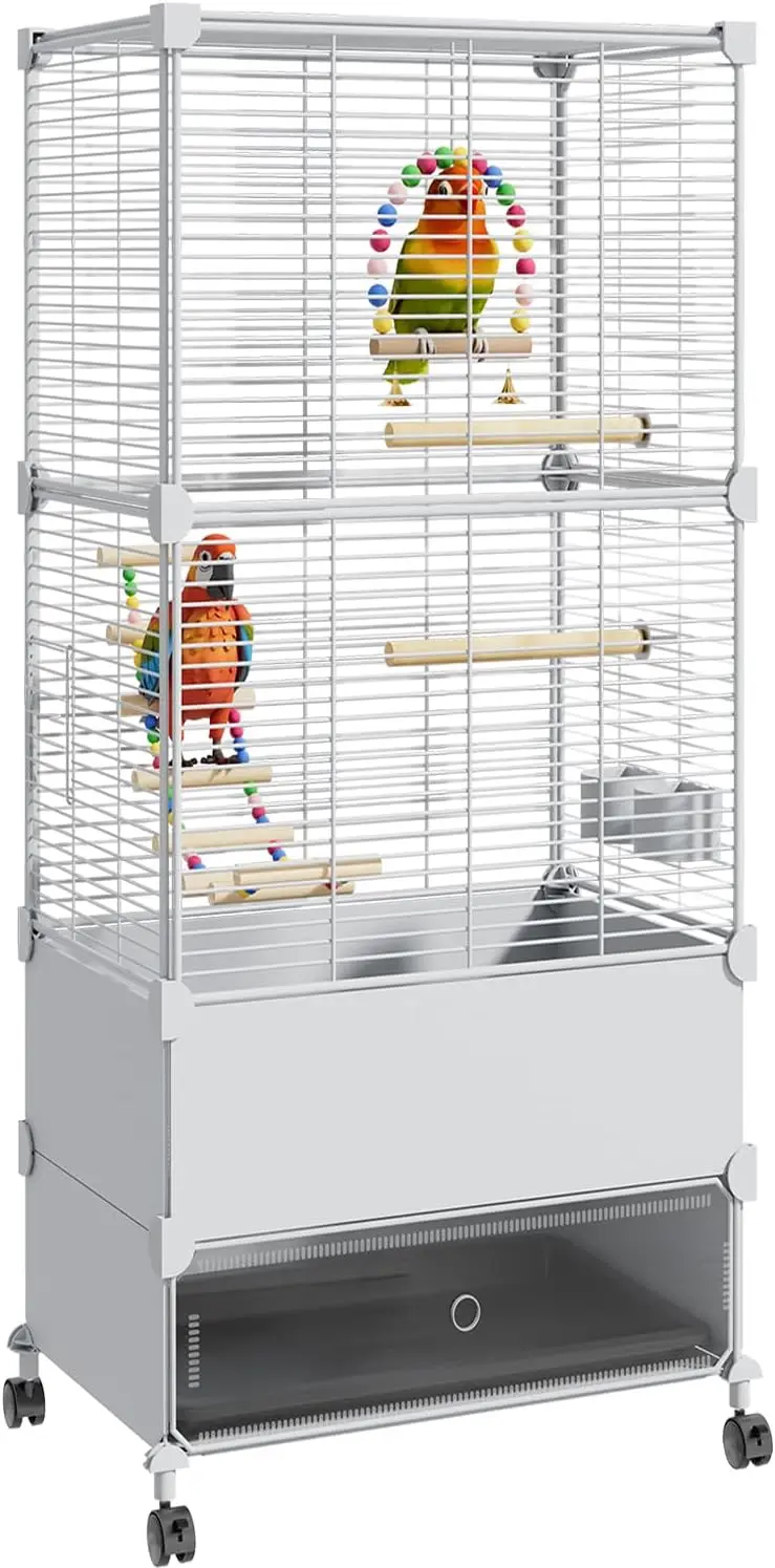

Parakeet Cage with Sliding Windows, Dense Mesh, Removable Tray & Wheels for Small Birds
