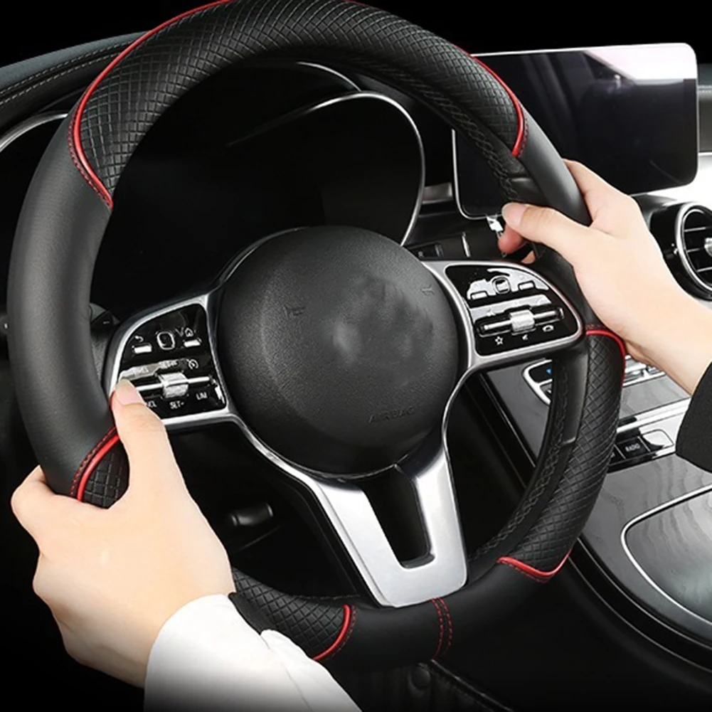 

Модернизация салона автомобиля Кожаные автомобильные аксессуары Улучшенная ручка Чехол на руль Ромбовидный узор Нескользящая ручка Универсальный автомобильный аксессуар