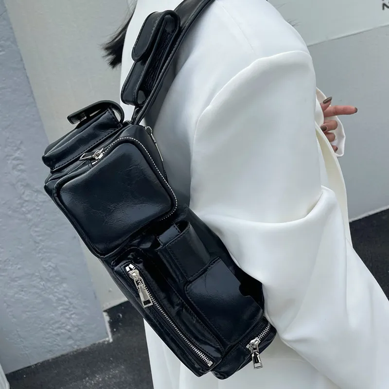Moto & Biker Underarm Bags For Women Luxury Designer Handbags Purses 2023 New In Personality PU Square Multiple Pockets Shoulder