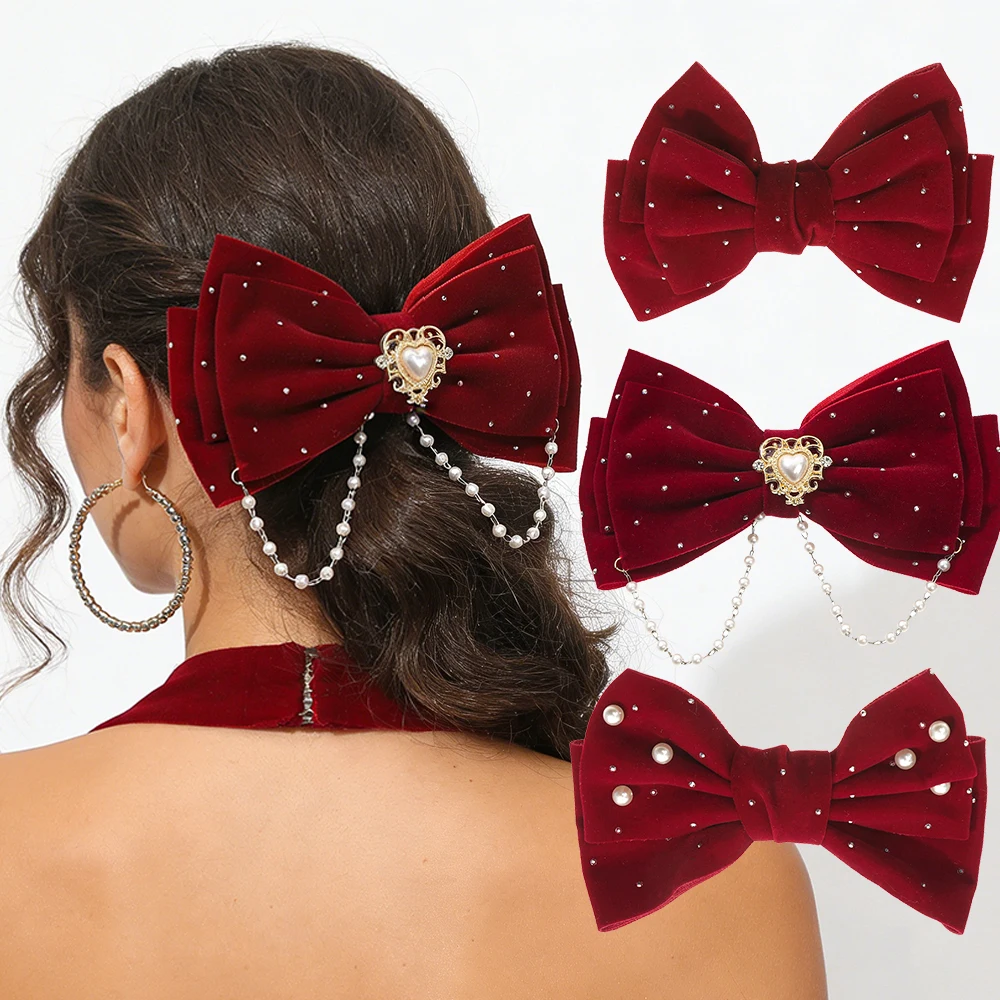 

AWAYTR Pearl Tassel Velvet Bow Hairpins Fashion Fabric Hair Clip Girls Side Bang Clips Gold Color Hair Crab Hair Accessories