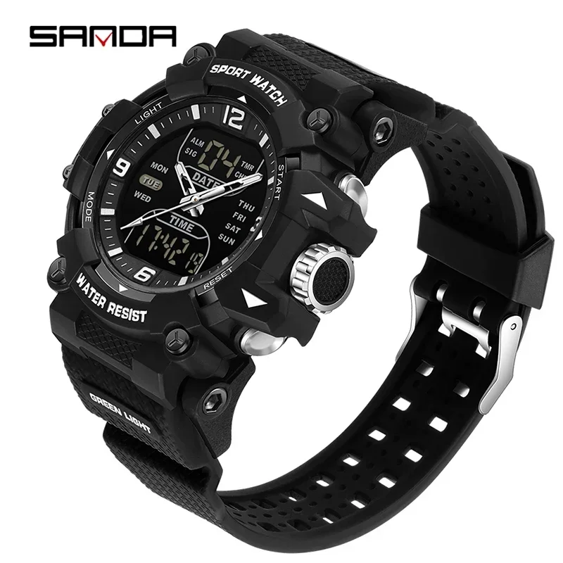 

SANDA SD6323 Мужские электронные часы с двойным дисплеем, светящиеся водонепроницаемые многофункциональные цифровые часы для занятий спортом на открытом воздухе