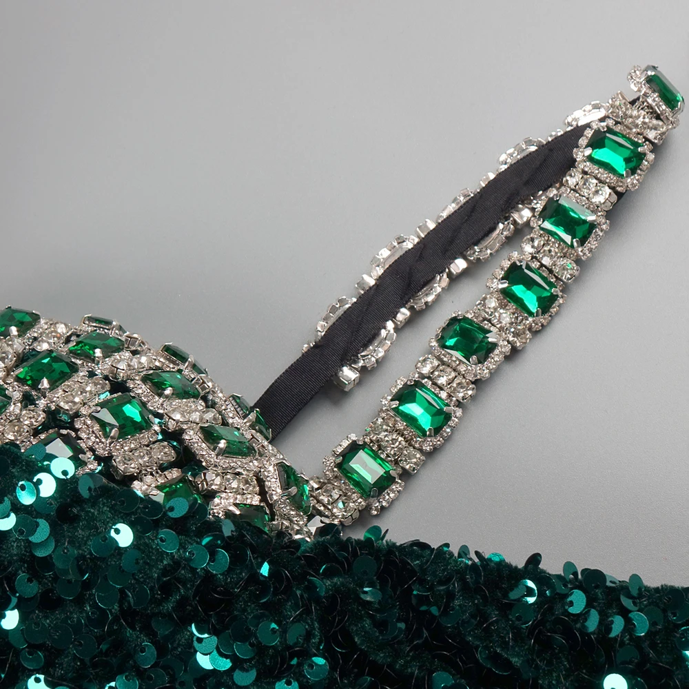 Glamorous Emerald Green Sequin Mermaid Gown Spaghetti-strap Gemstone Cocktail Party Formal Evening Long Dress