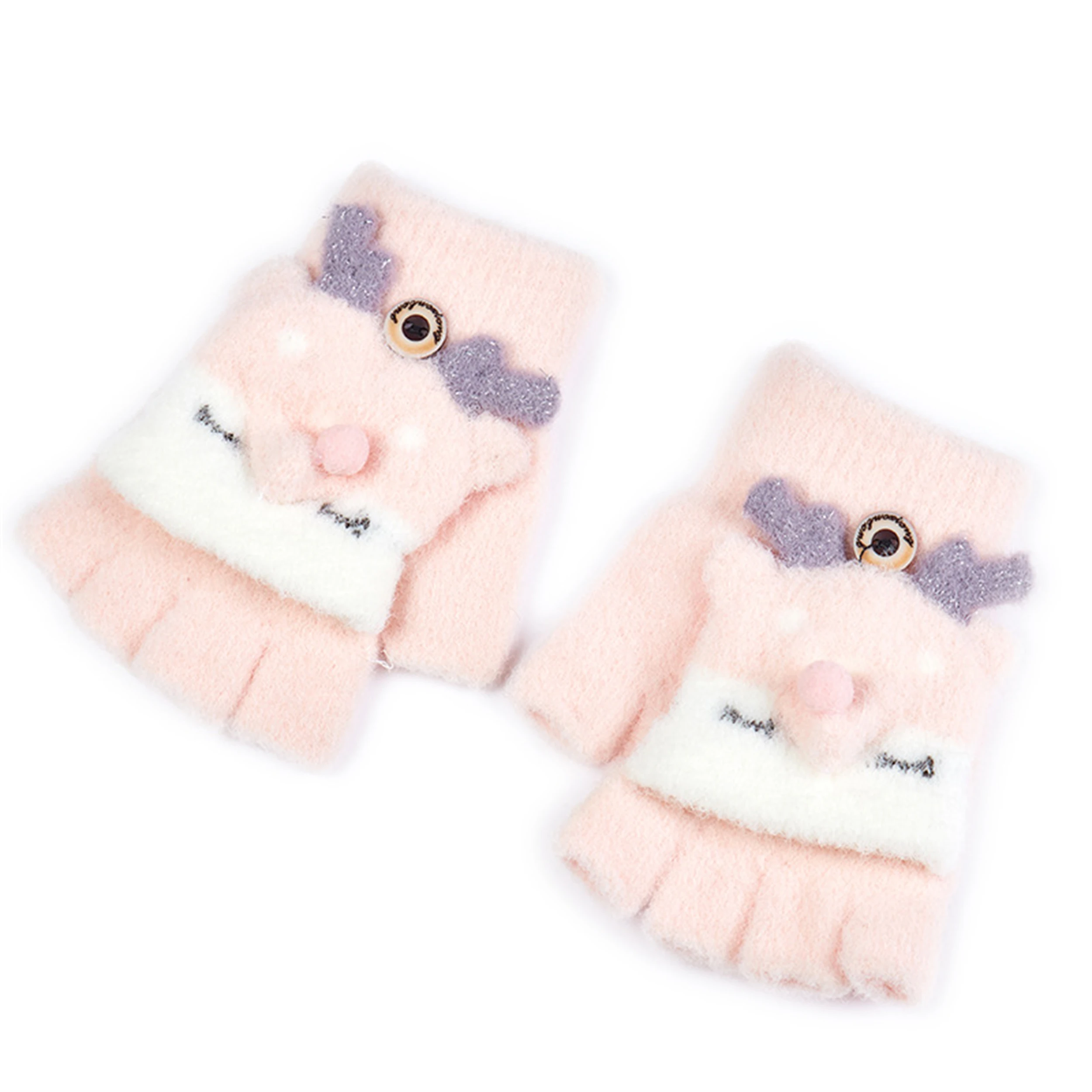 

Cute cartoon children's warm gloves for primary school students aged 4-9, imitation mink velvet knitted half finger flip gloves