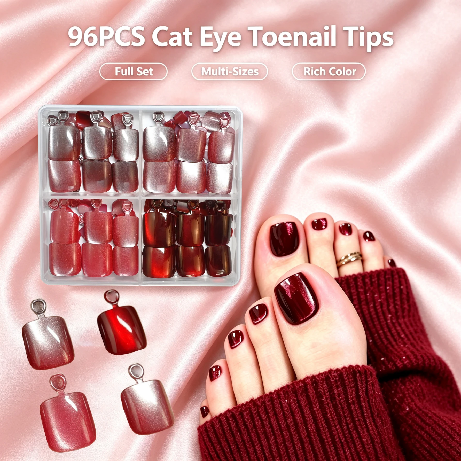 Full set of 96‑piece short square fake toenails‑4 colors cat eye glossy finish, wine red & rose metallic shade, reusable full co