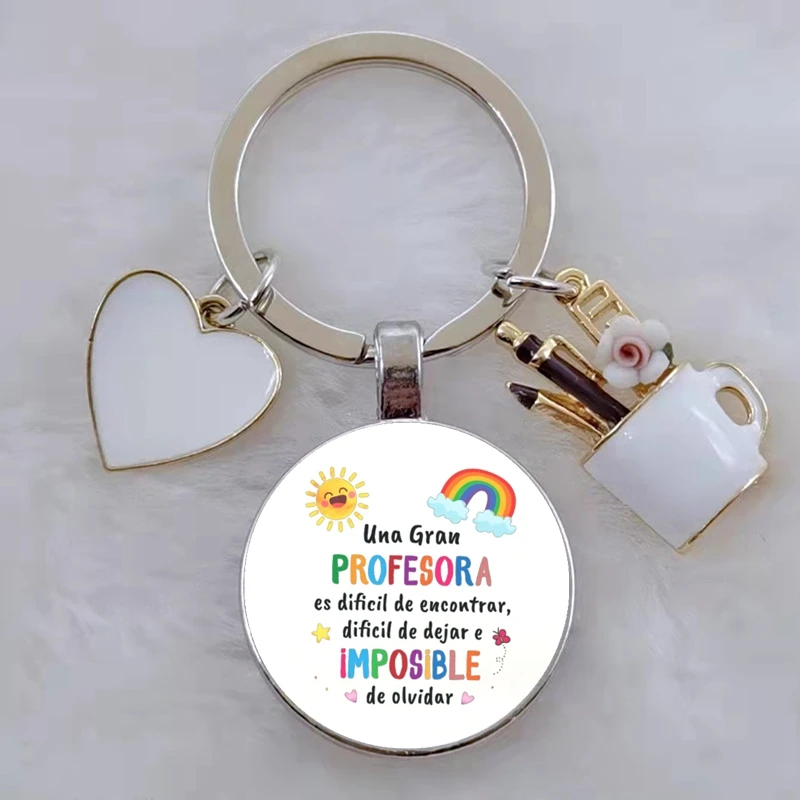 Gift for teachers with Spanish printed handmade glass convex circular keychain, DIY keychain