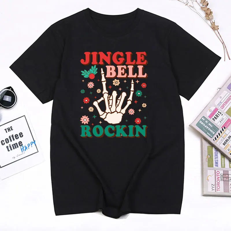 Christmas Skeleton Rockin Hand Graphic T-shit Jingle Bell Rockin Tshirt Vintage Harajuku Women's and Man's Tees Streetwear Tops