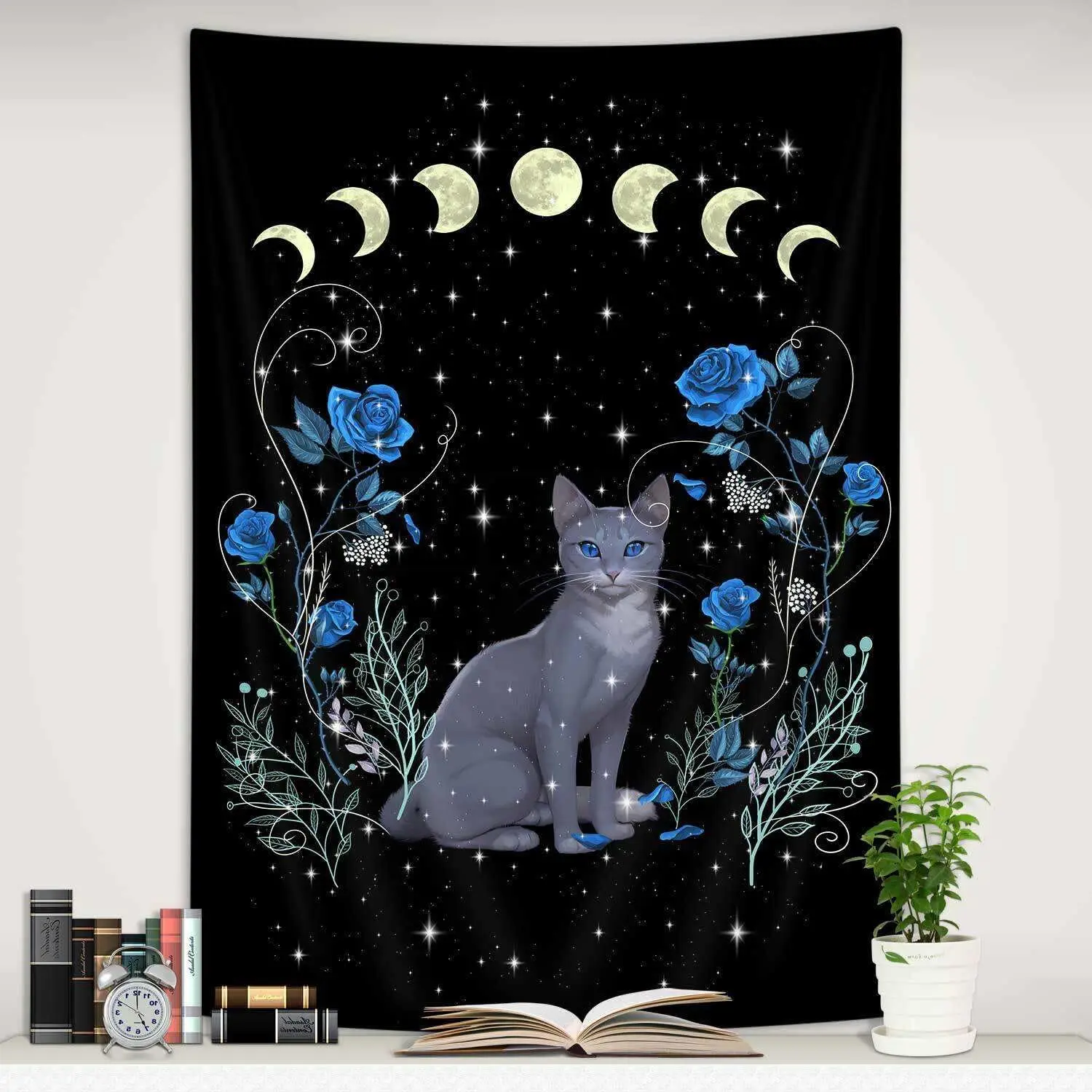 Cat Moon Phase Vertical Tapestry, Aesthetic Blue Rose Floral Animal Tarot Tapestry Wall Hanging Bedroom, Trippy Black Tapestries