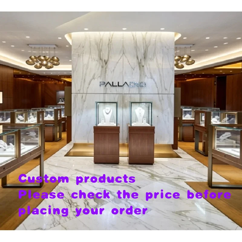 custom.Modern Luxury Marble & Walnut Wood Jewelry Interior Design, Complete Turnkey Fixture Package with Central Sho