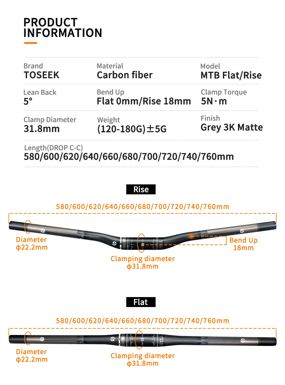 TOSEEK TM10 Grau Matt 3K Carbonfaser Fahrradlenker MTB Fahrradlenker 31,8mm Erhöhter oder Flacher Lenker 580mm - 760mm – Detail 6