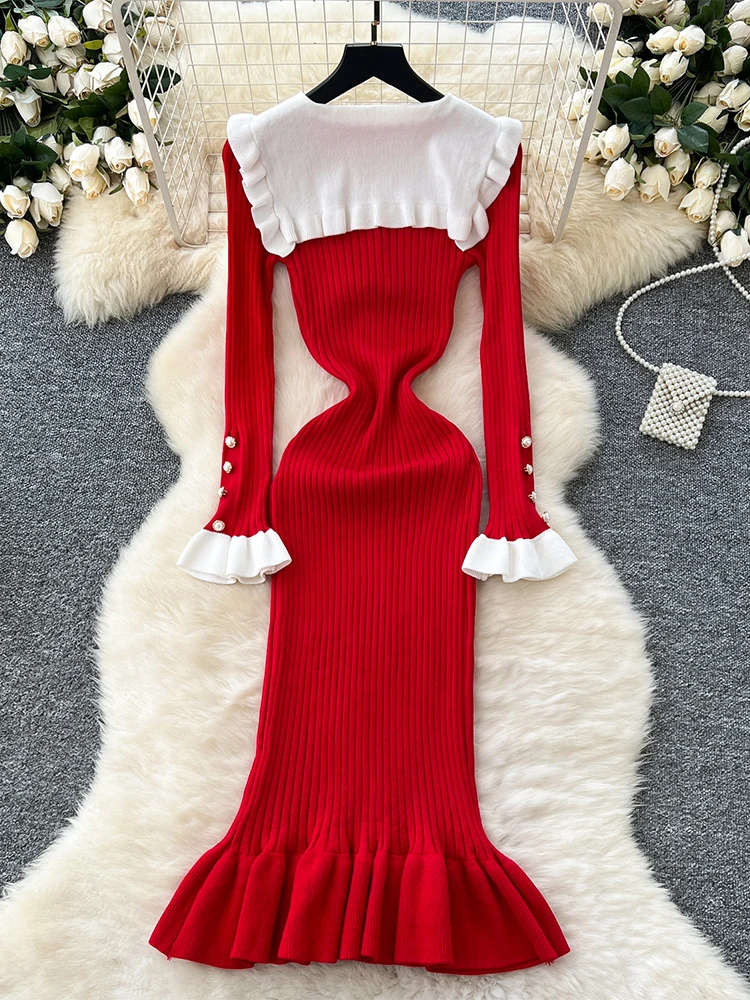 Women's Red Christmas Evening Bodycon Dress Vintage Long Luxury Dresses Y2k Party Club One Piece Frocks 2000s Coquette Clothes