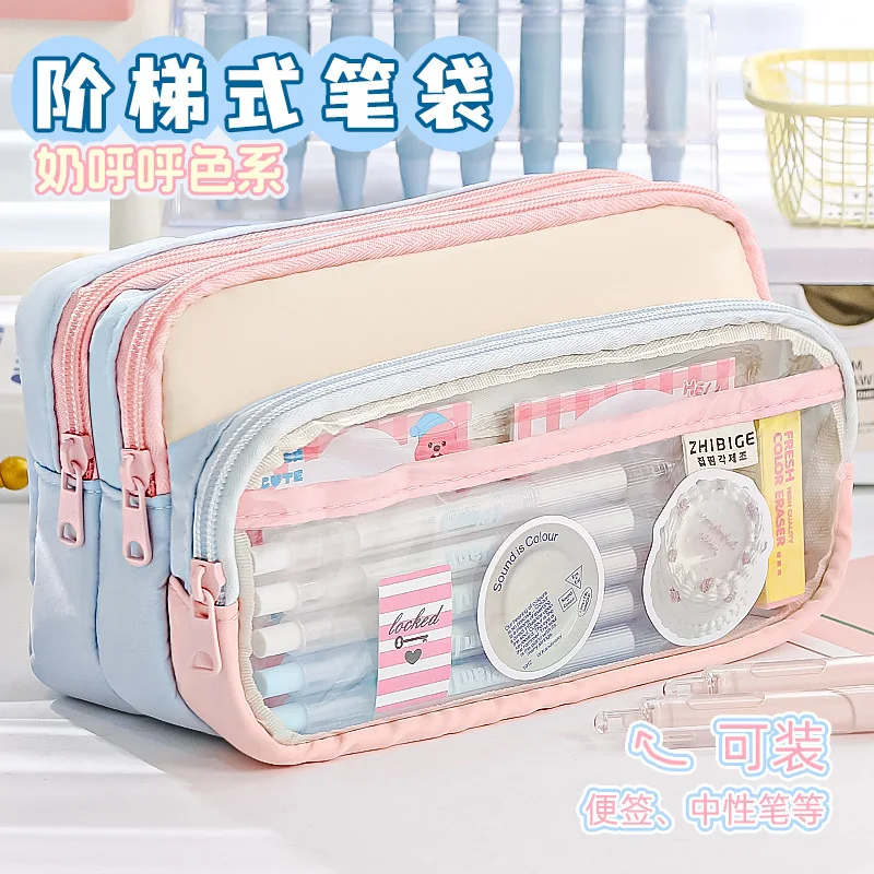 Astuccio per matite Kawaii di grande capacità, 3 scomparti, astuccio per penne, organizer da scrivania, materiale scolastico, carino cancelleria coreana